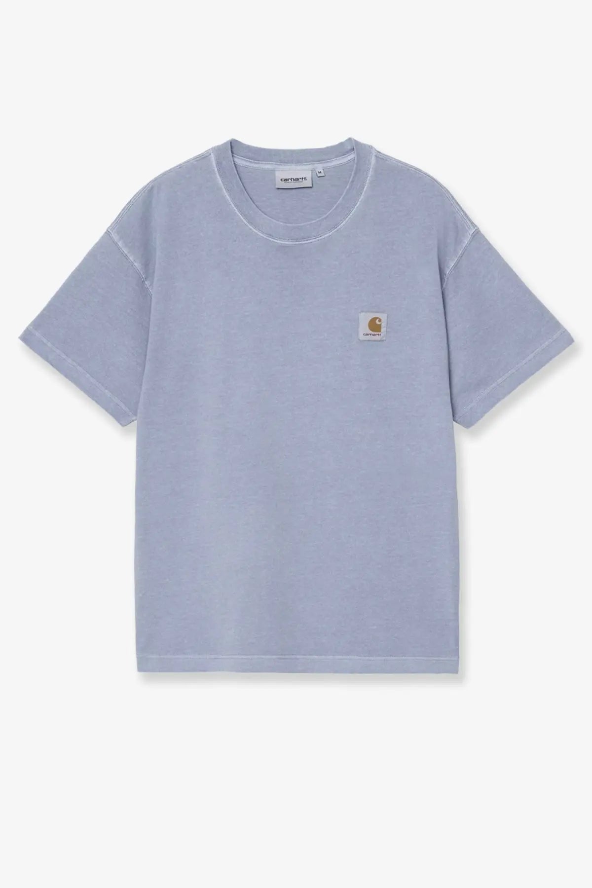 Light blue Carhartt Wip men’s Nelson cotton t-shirt with a small tan logo patch on the left chest
