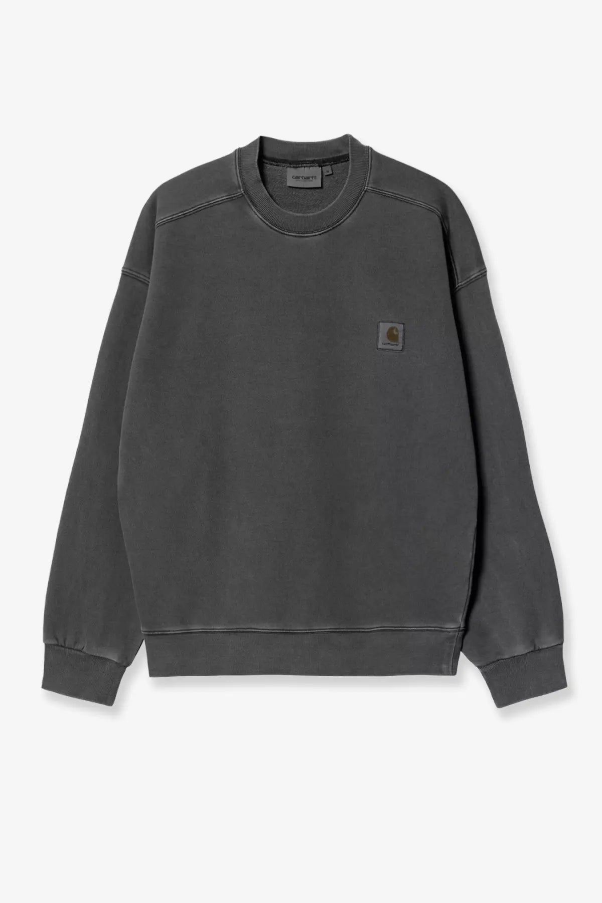 Dark gray Carhartt Wip men’s Nelson cotton sweatshirt with subtle faded texture and small logo patch on left chest