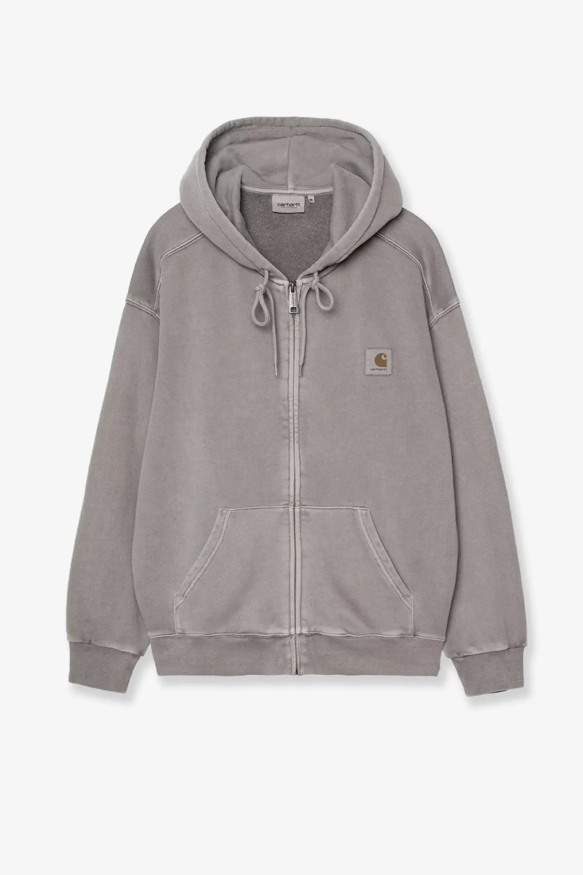 Carhartt wip men’s nelson cotton sweatshirt in gray with zip-up front ribbed cuffs and chest logo patch