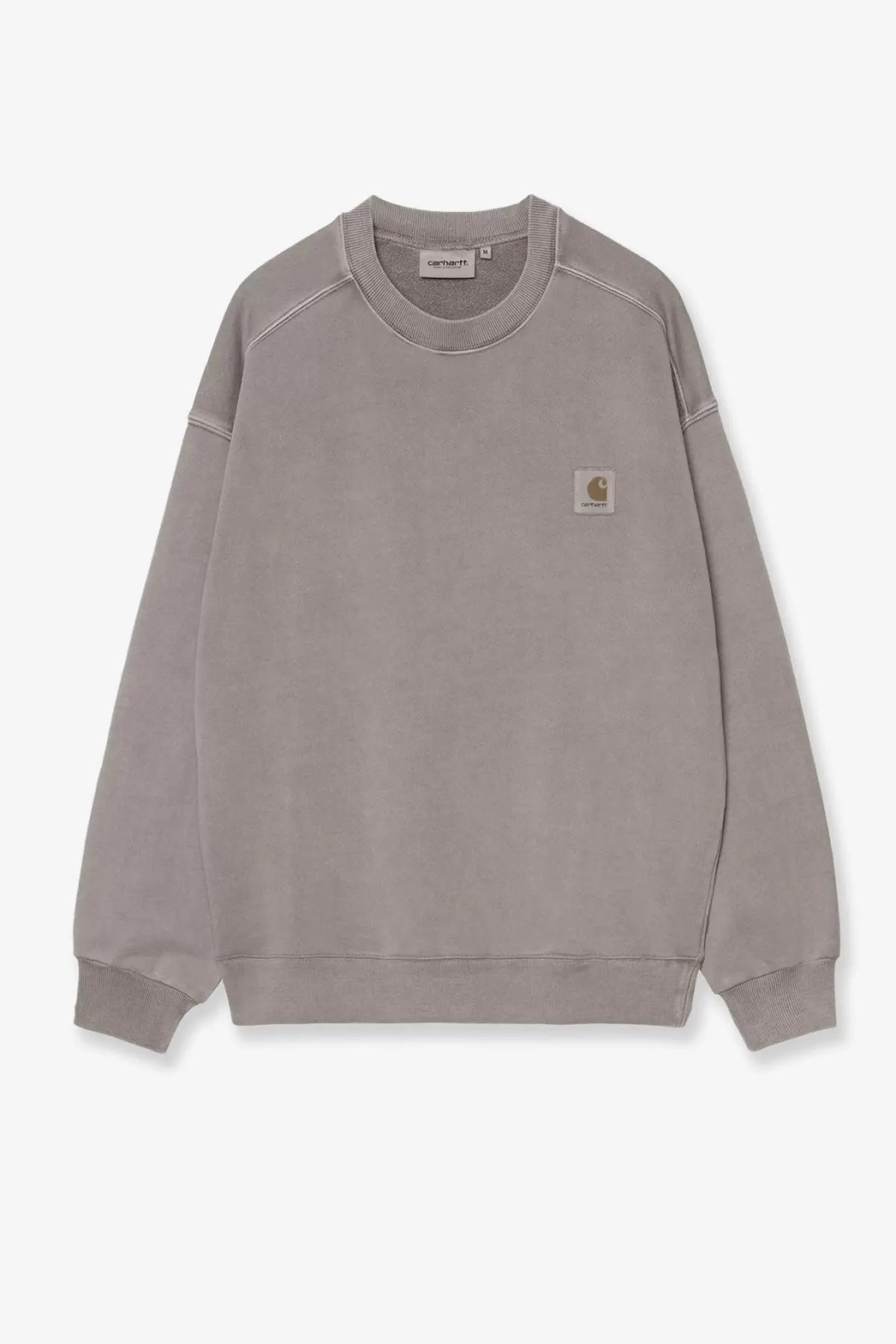 Carhartt wip men’s nelson cotton sweatshirt yosemite in muted gray with ribbed cuffs hem and embroidered logo patch