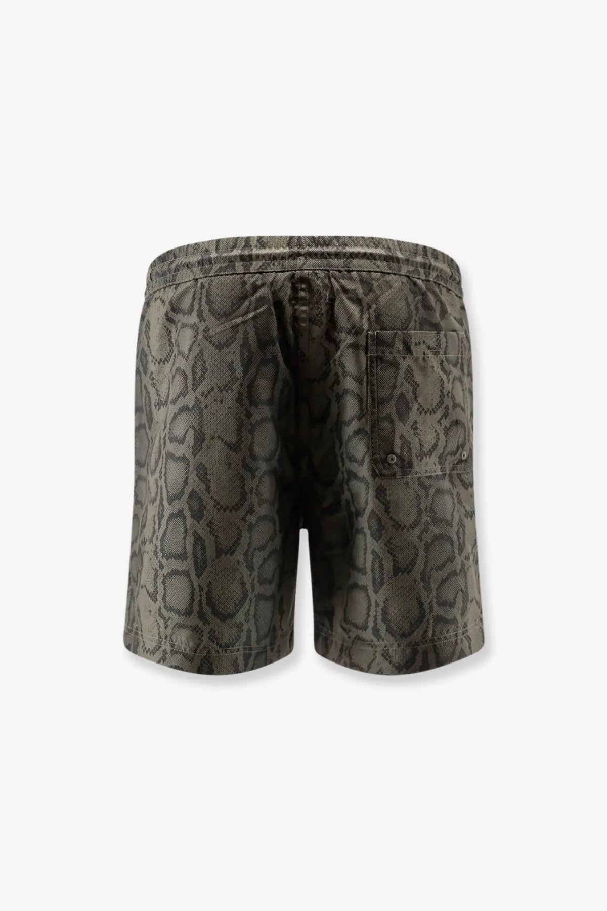 Olive green carhartt wip men’s nylon swim boxer shorts with snakeskin pattern and elastic waistband