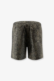 Olive green carhartt wip men’s nylon swim boxer shorts with snakeskin pattern and elastic waistband
