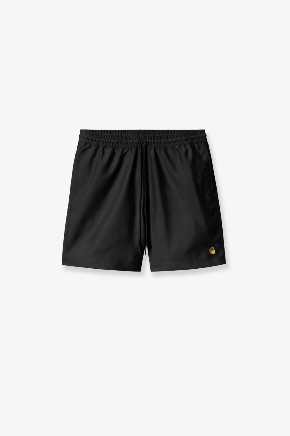 Black carhartt wip men’s nylon swim trunks with gold tone logo on lower right leg for casual beachwear