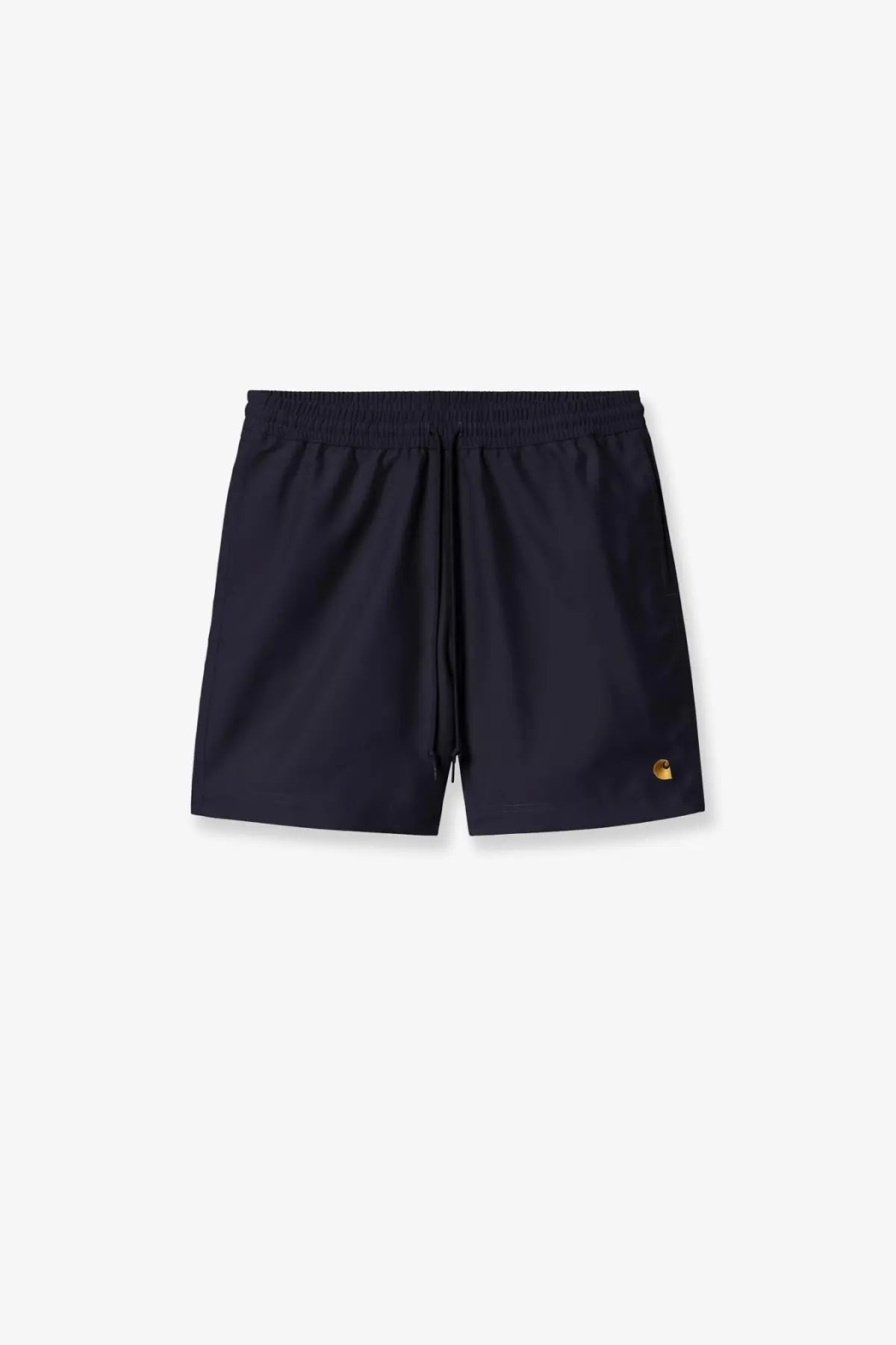 Dark navy carhartt wip men’s nylon swim trunks with a gold-toned logo on the lower right leg for swimming