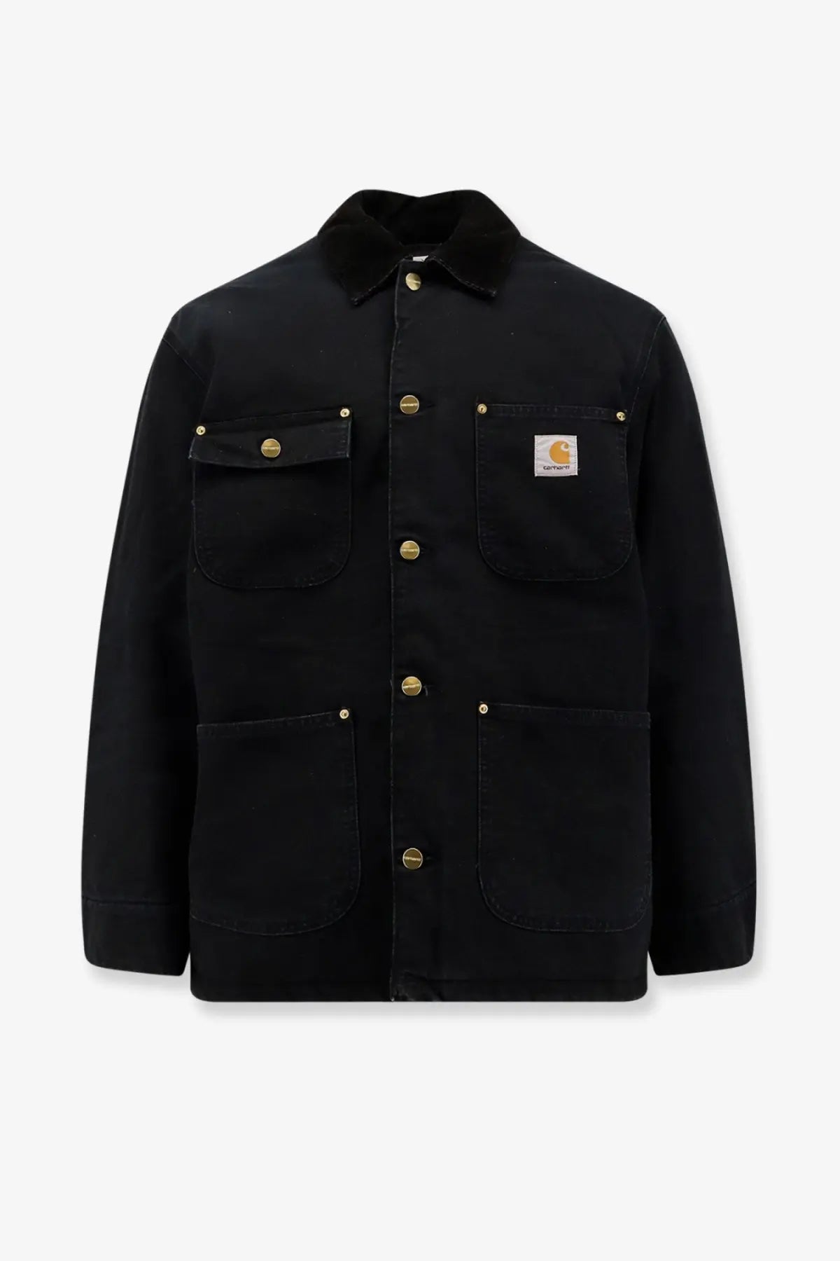 Black carhartt wip men’s og chore coat with gold-tone buttons and contrasting collar made from organic cotton