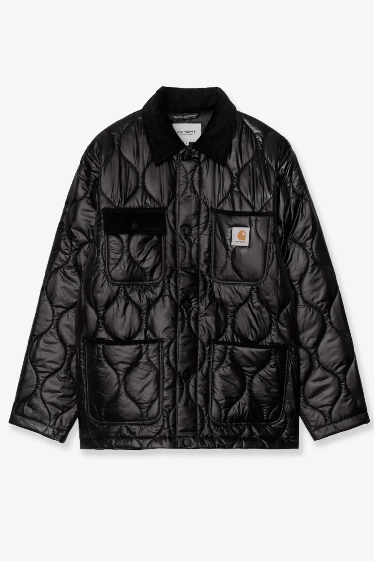 Black quilted carhartt wip men’s oscar chore liner nylon jacket with plush collar and front pockets