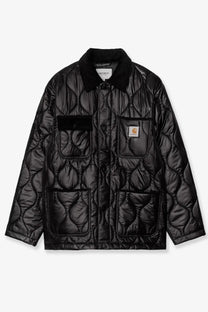 Black quilted carhartt wip men’s oscar chore liner nylon jacket with plush collar and front pockets