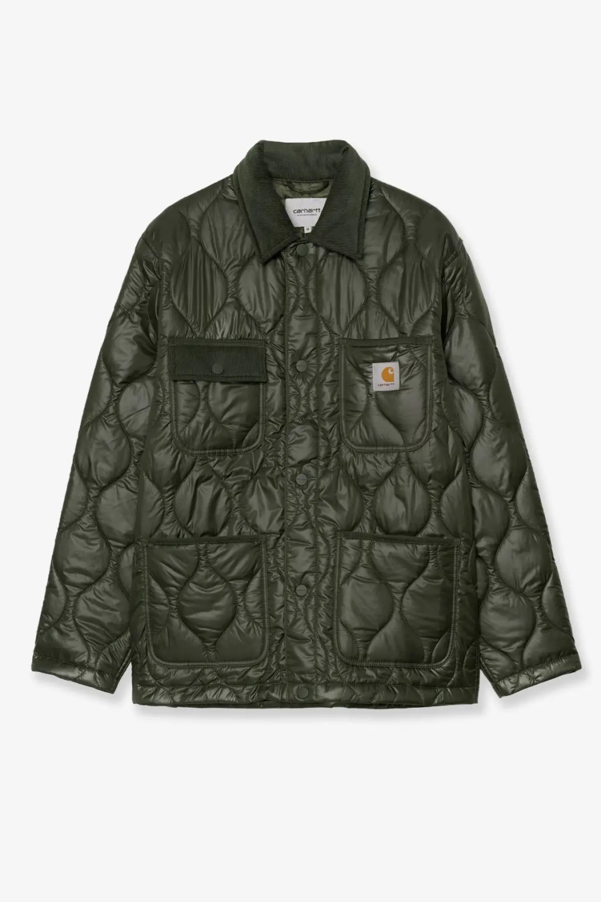 Dark olive green quilted nylon carhartt wip men’s oscar chore liner jacket with classic collar and multiple pockets
