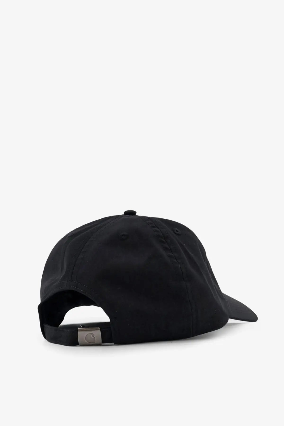 Black carhartt wip men’s postal cotton blend baseball hat back side with metallic silver logo plate on adjustable strap