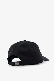 Black carhartt wip men’s postal cotton blend baseball hat back side with metallic silver logo plate on adjustable strap