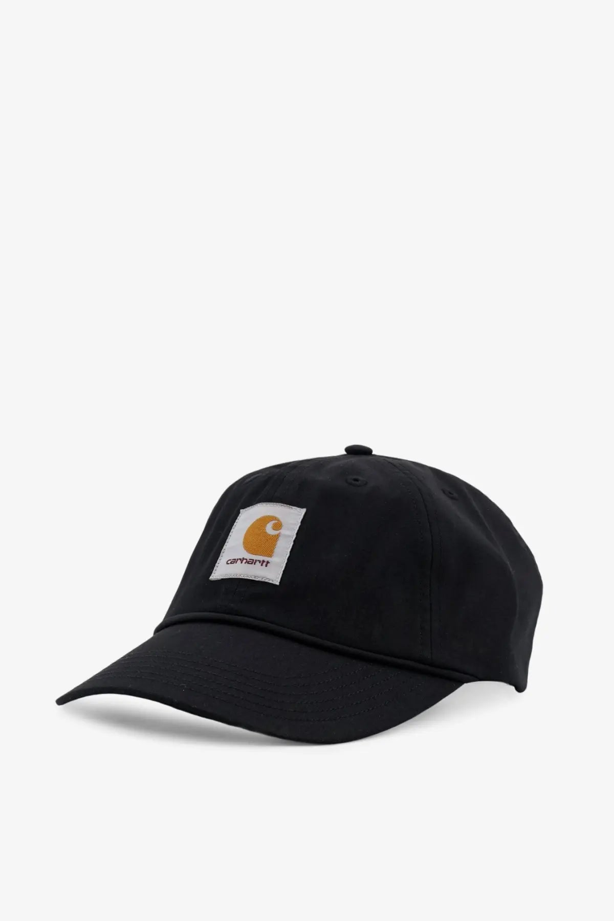 Black Carhartt Wip men’s postal cotton blend baseball hat with a white patch featuring an orange logo