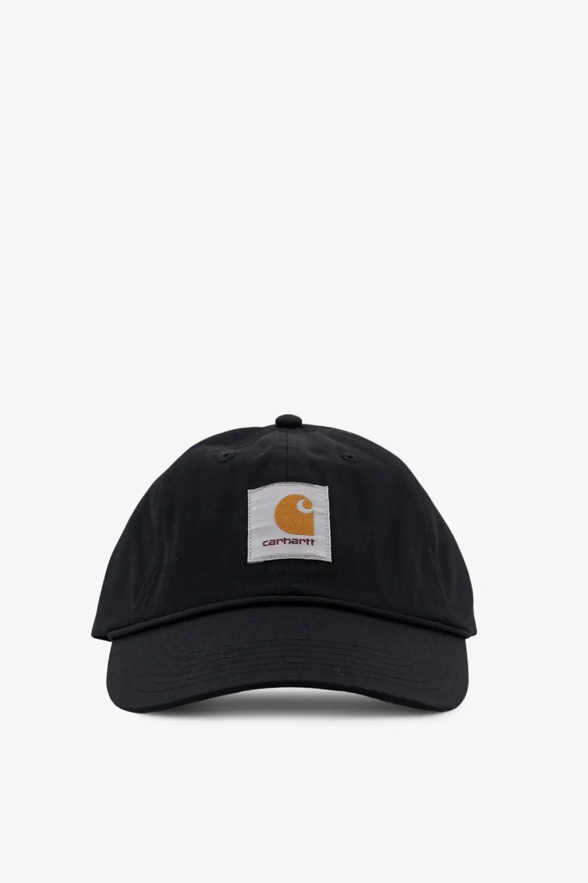 Black carhartt wip men’s postal cotton blend baseball hat with white patch featuring orange logo and brand name