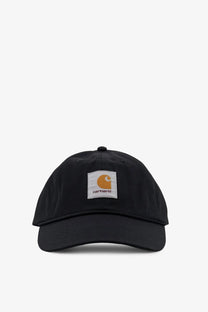 Black carhartt wip men’s postal cotton blend baseball hat with white patch featuring orange logo and brand name