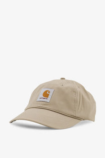 Beige carhartt wip men’s postal cotton blend baseball hat with white patch and orange logo on the front