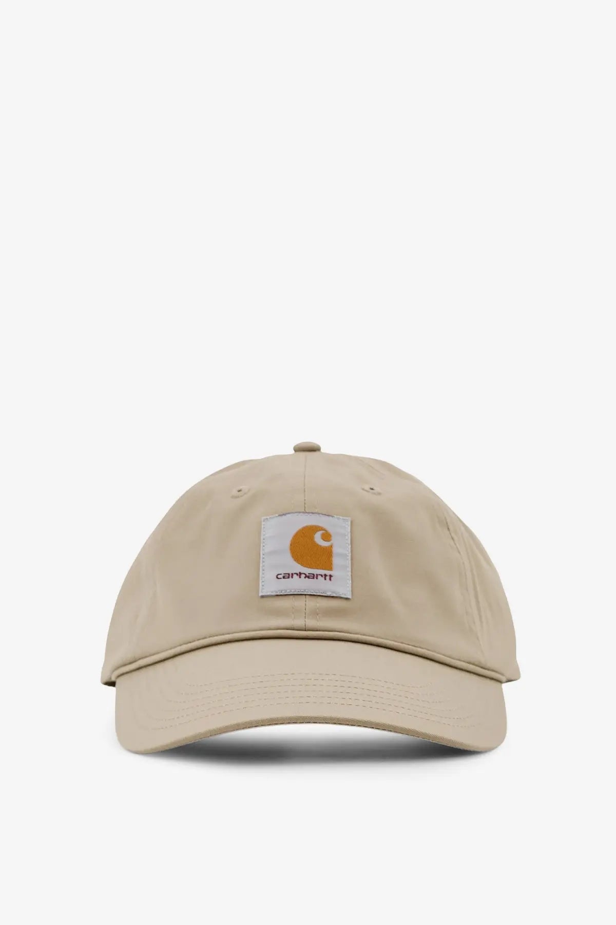 Beige carhartt wip men’s postal cotton blend baseball hat with white patch and orange logo on front