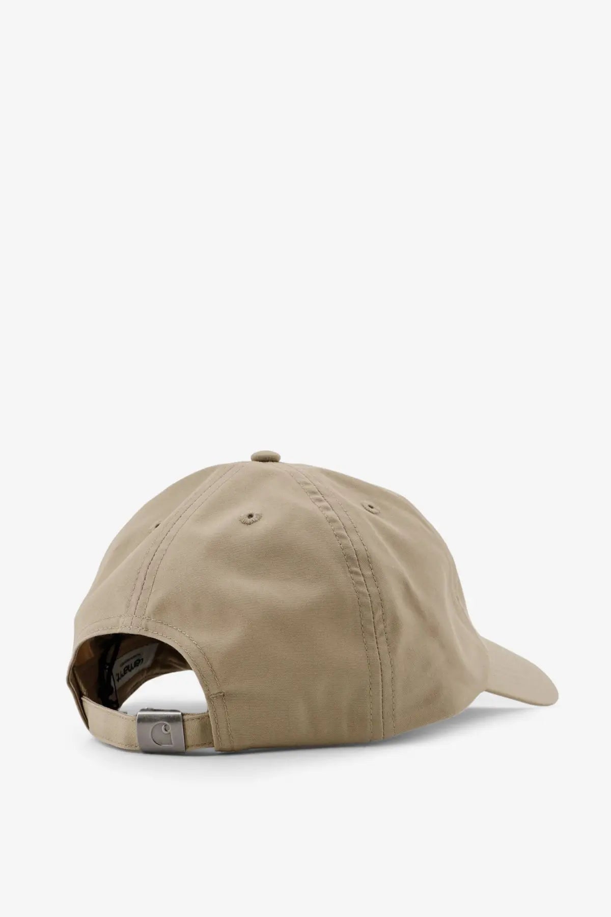Beige Carhartt Wip men’s postal cotton blend baseball hat with metallic silver buckle and stitched seams shown from back