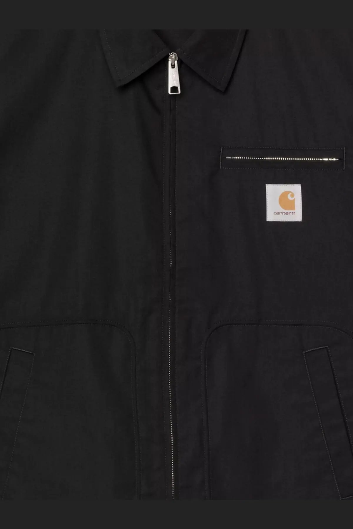 Carhartt Wip men’s postal cotton blend jacket in black with silver zipper and orange logo patch on the front
