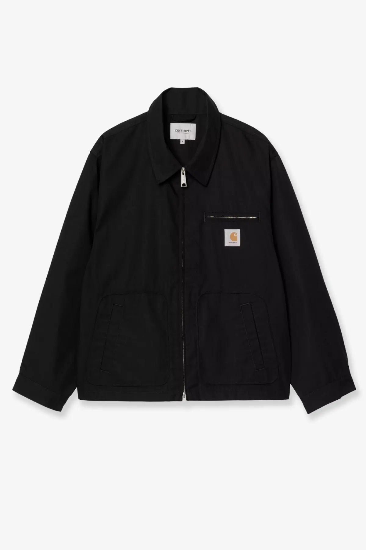 Carhartt wip men’s postal cotton blend jacket black with classic collar zipper closure and two large patch pockets