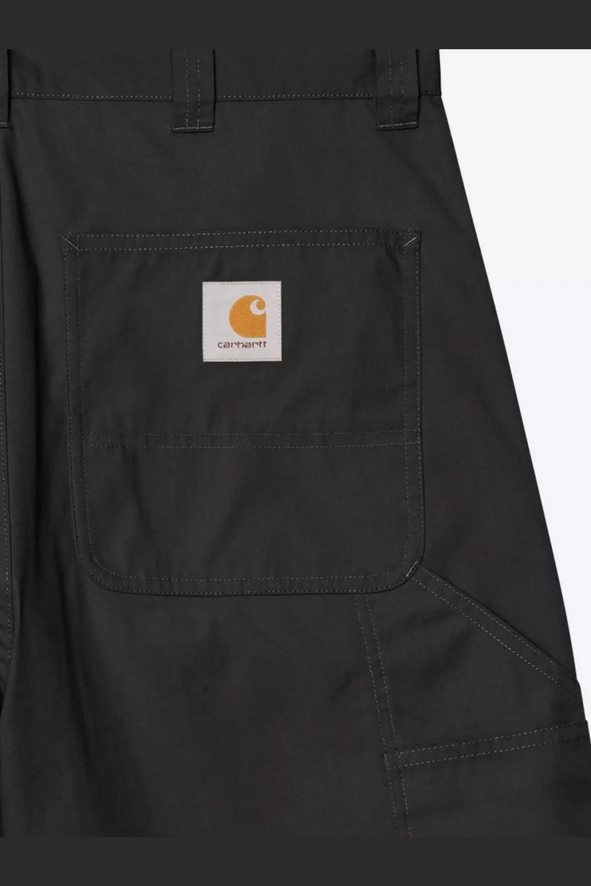 Black carhartt wip men’s postal dk cotton blend bermuda shorts with white label and orange logo on front pocket