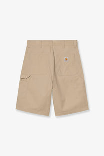 Beige carhartt wip men’s postal dk cotton blend bermuda shorts with multiple pockets and logo patch on the back
