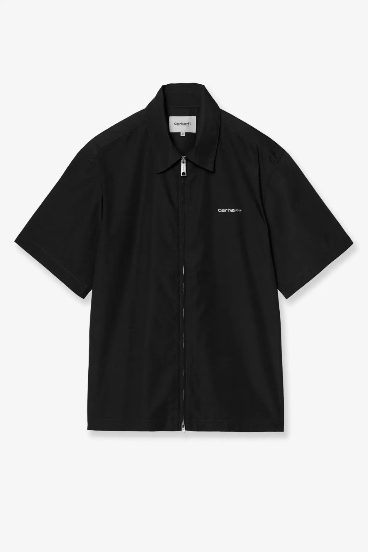 Black Carhartt Wip men’s postal shirt with short sleeves, zip front, and subtle white embroidery on the chest