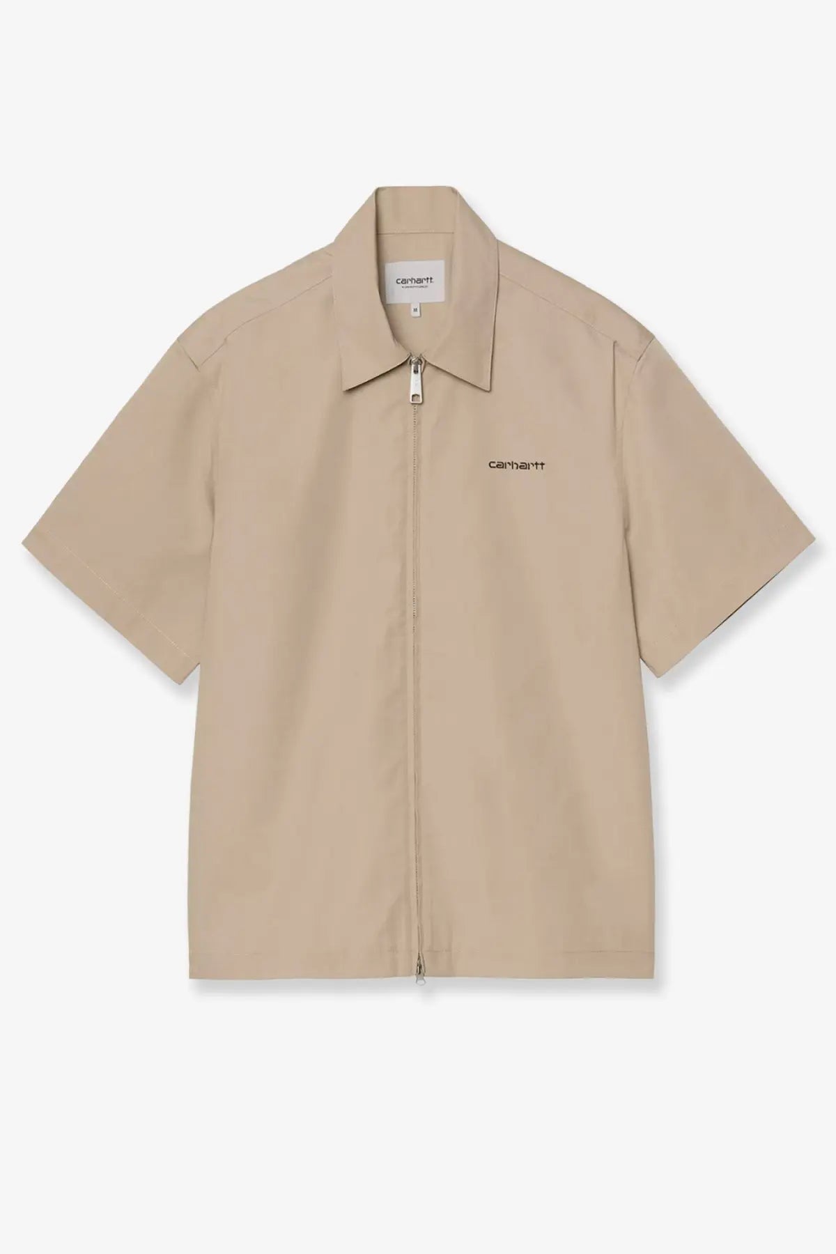 Beige carhartt wip men’s postal zip short-sleeved shirt with collar and subtle embroidered branding in iroko color