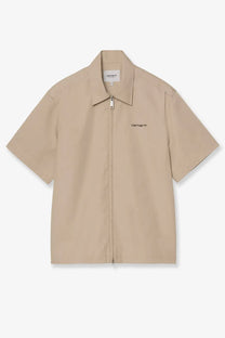 Beige Carhartt WIP men’s postal zip shirt with short sleeves collar zipper and subtle embroidered branding