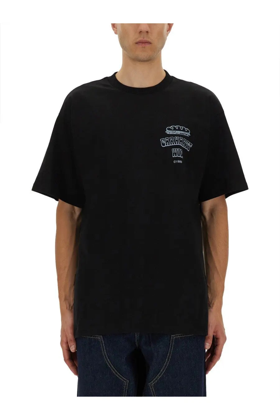 Black Carhartt Wip men’s sandwich shirt in cotton featuring a white embroidered logo on the chest