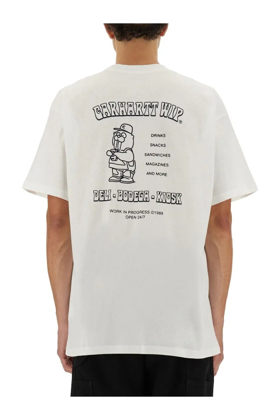 White carhartt wip men’s sandwich shirt with black cartoon character and text graphic on a white cotton tee