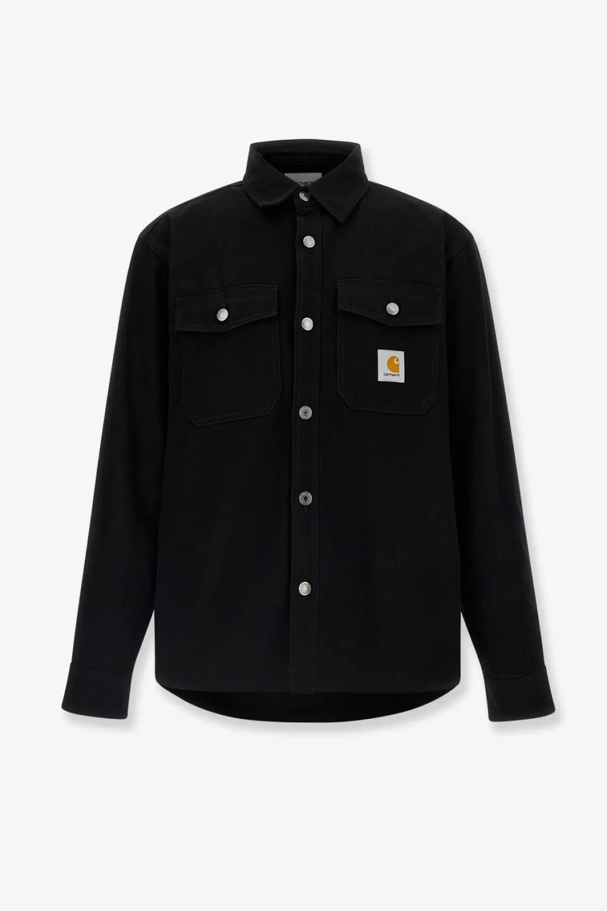 Black carhartt wip men’s selby shirt cotton jacket with silver buttons and branded patch on left chest pocket