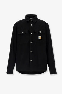 Black carhartt wip men’s selby shirt cotton jacket with silver buttons and branded patch on left chest pocket