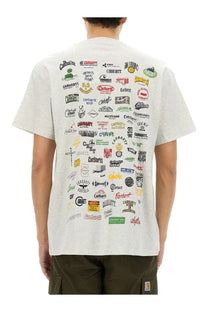 Heather gray Carhartt Wip men’s short sleeve shirt with colorful vintage Carhartt logos collage print