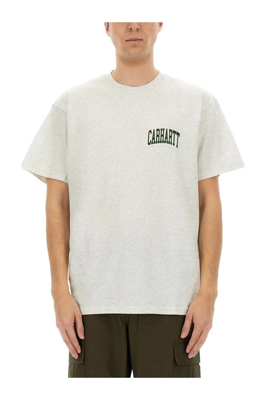 Heather gray Carhartt Wip men’s shirt with black arched logo on left chest in soft cotton material