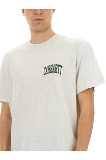 Heather gray Carhartt Wip men’s t-shirt with black arched logo across the chest in soft cotton fabric