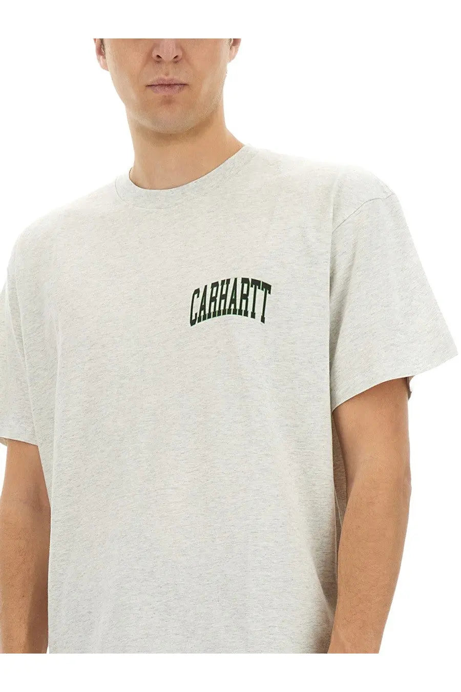 Heather gray Carhartt Wip men’s shirt with black arched logo across the chest in soft cotton material
