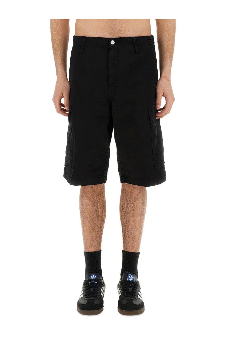 Carhartt Wip men’s black cargo shorts with multiple pockets button closure durable fabric for outdoor use