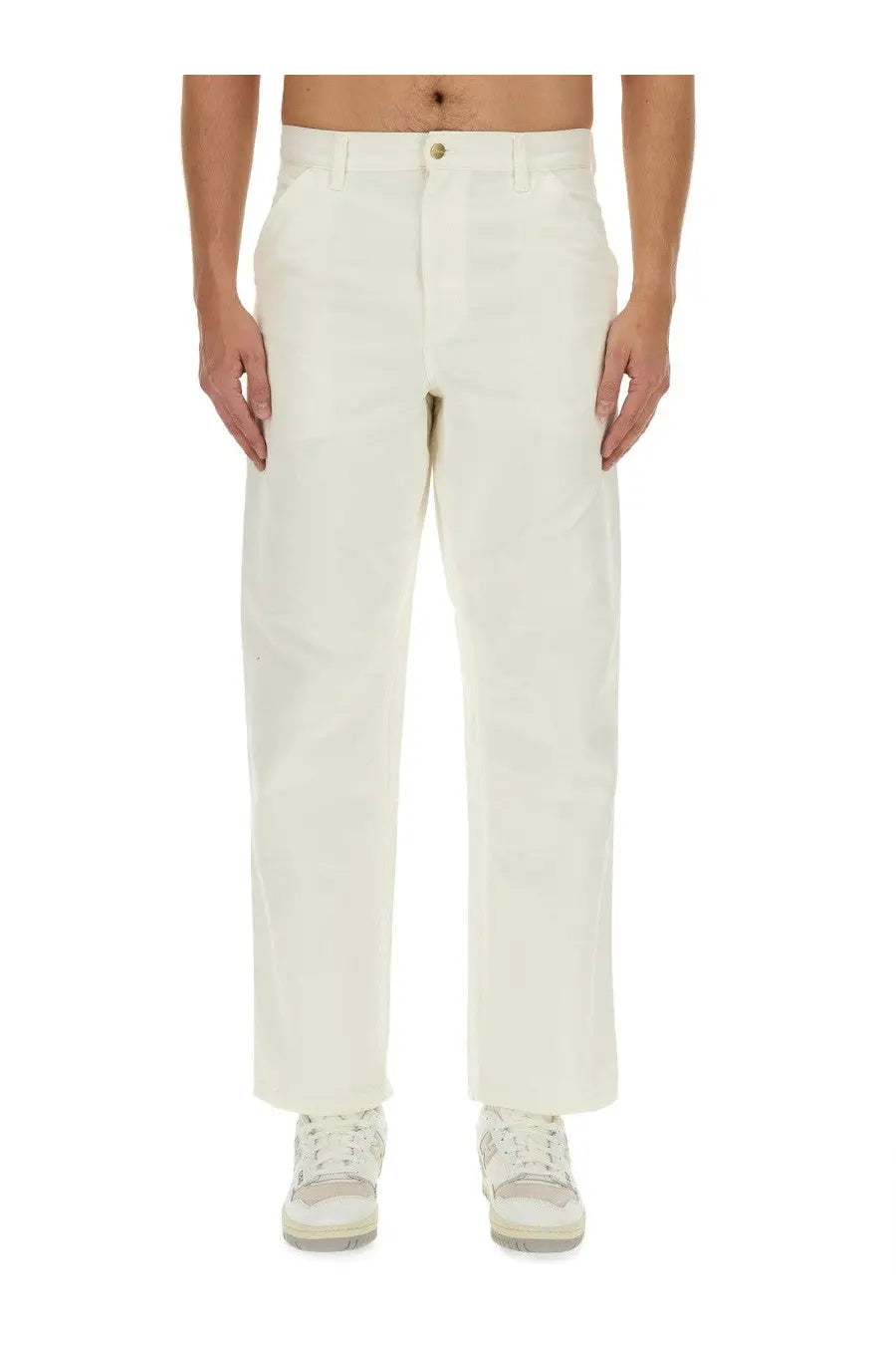 Cream-colored carhartt wip men’s single knee pants in chino fabric with straight-leg and five-pocket design