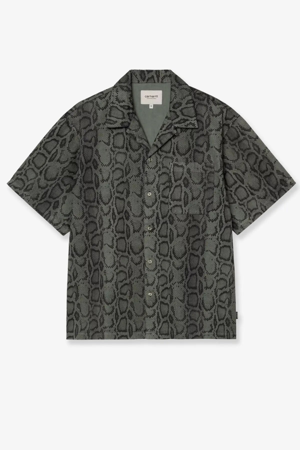 Carhartt Wip men’s dark gray cotton button-up shirt with subtle snake-scale pattern and classic collar