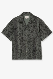 Carhartt Wip men’s dark gray cotton button-up shirt with subtle snake-scale pattern and classic collar