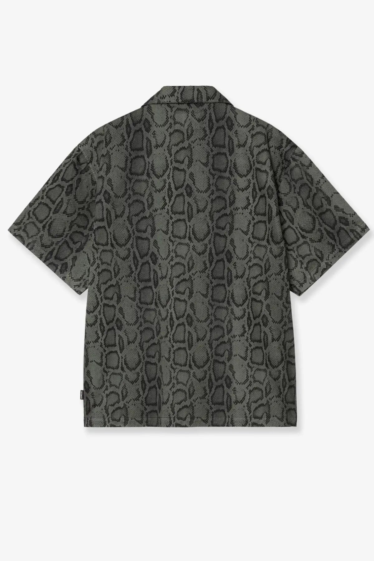 Carhartt wip men’s short-sleeved cotton shirt in dark gray with subtle snakeskin pattern and green camouflage accents