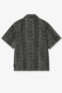 Carhartt wip men’s short-sleeved cotton shirt in dark gray with subtle snakeskin pattern and green camouflage accents