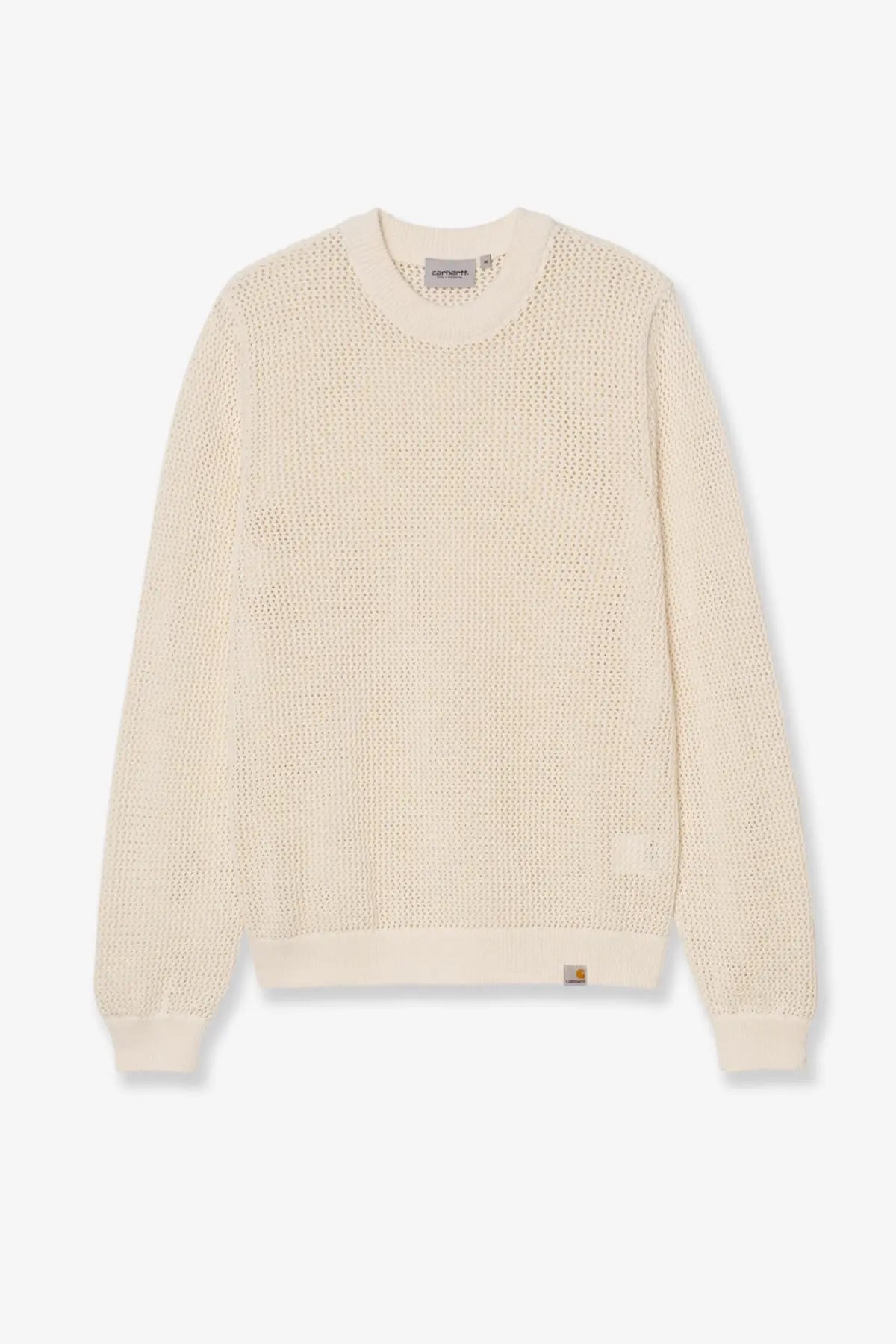 Cream-colored Carhartt Wip men’s Stockton cotton sweatshirt with textured knit, crew neck, and ribbed cuffs