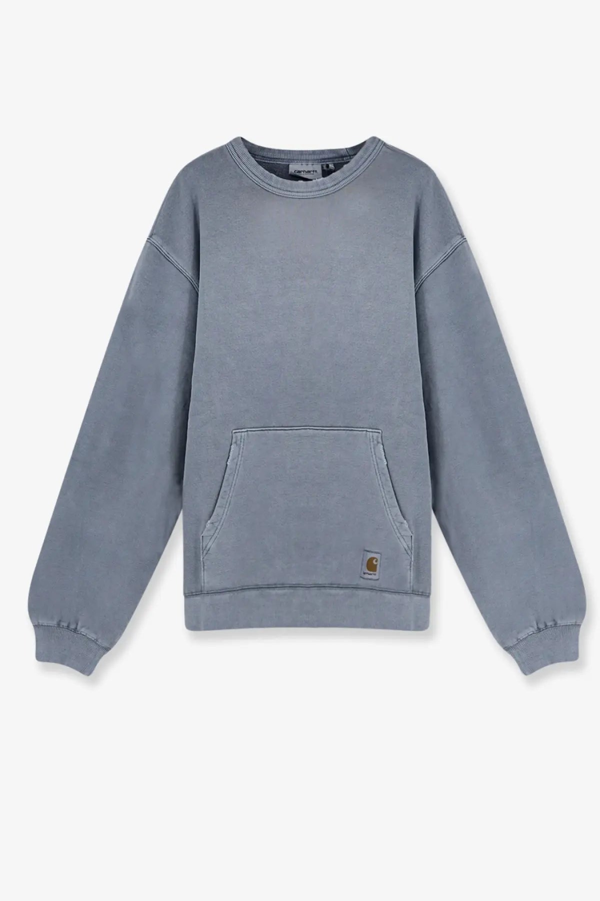 A soft slate-gray Carhartt Wip men’s Torion cotton crew neck sweatshirt with a front kangaroo pocket