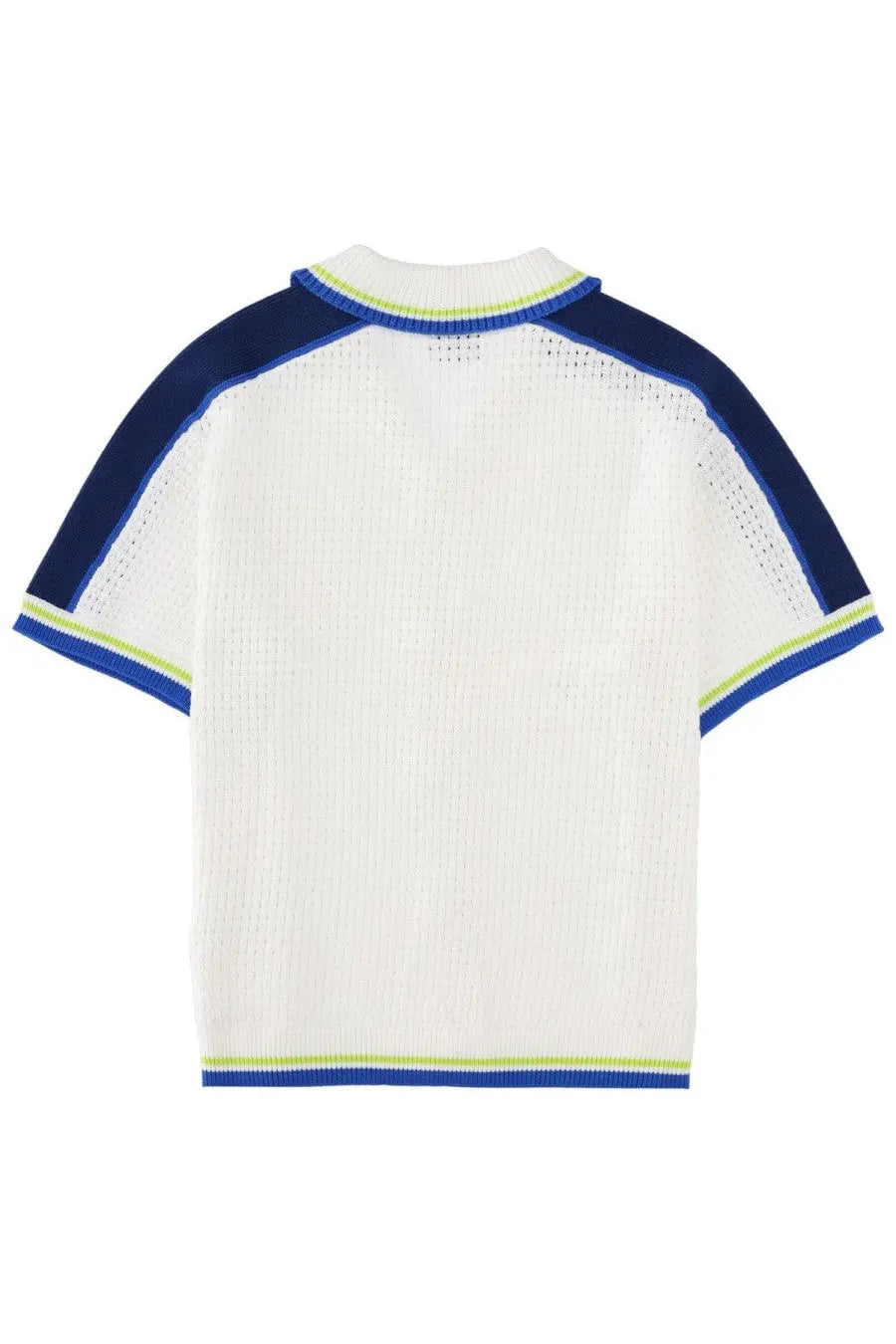 Casablanca men’s white knit short-sleeved top in crochet with navy blue and lime green trim
