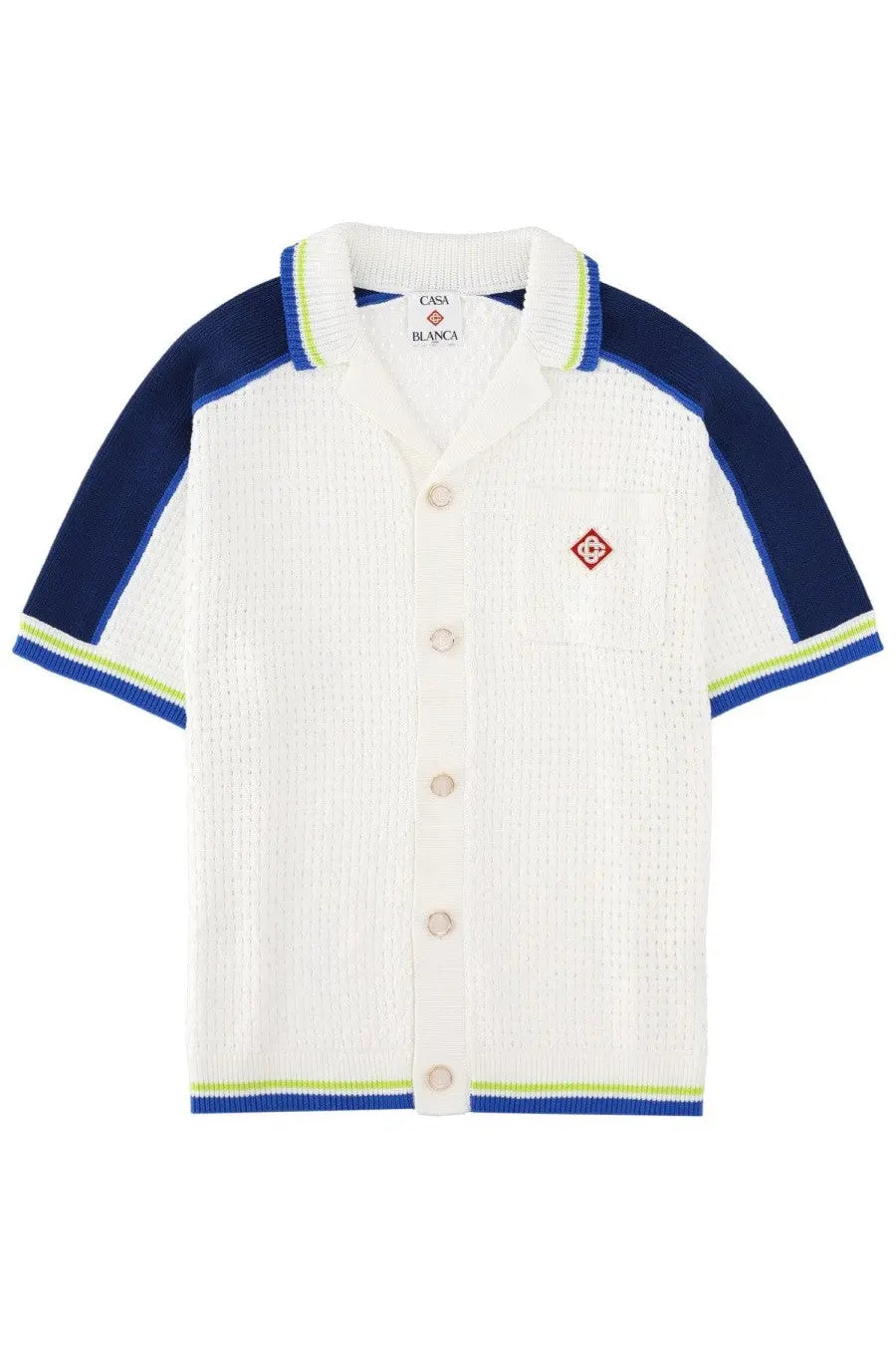Casablanca men’s white knitted cardigan with navy blue and lime green panels and red embroidered logo in crochet multicolor