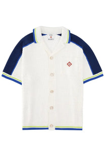 Casablanca men’s white knitted cardigan with navy blue and lime green panels and red embroidered logo in crochet multicolor