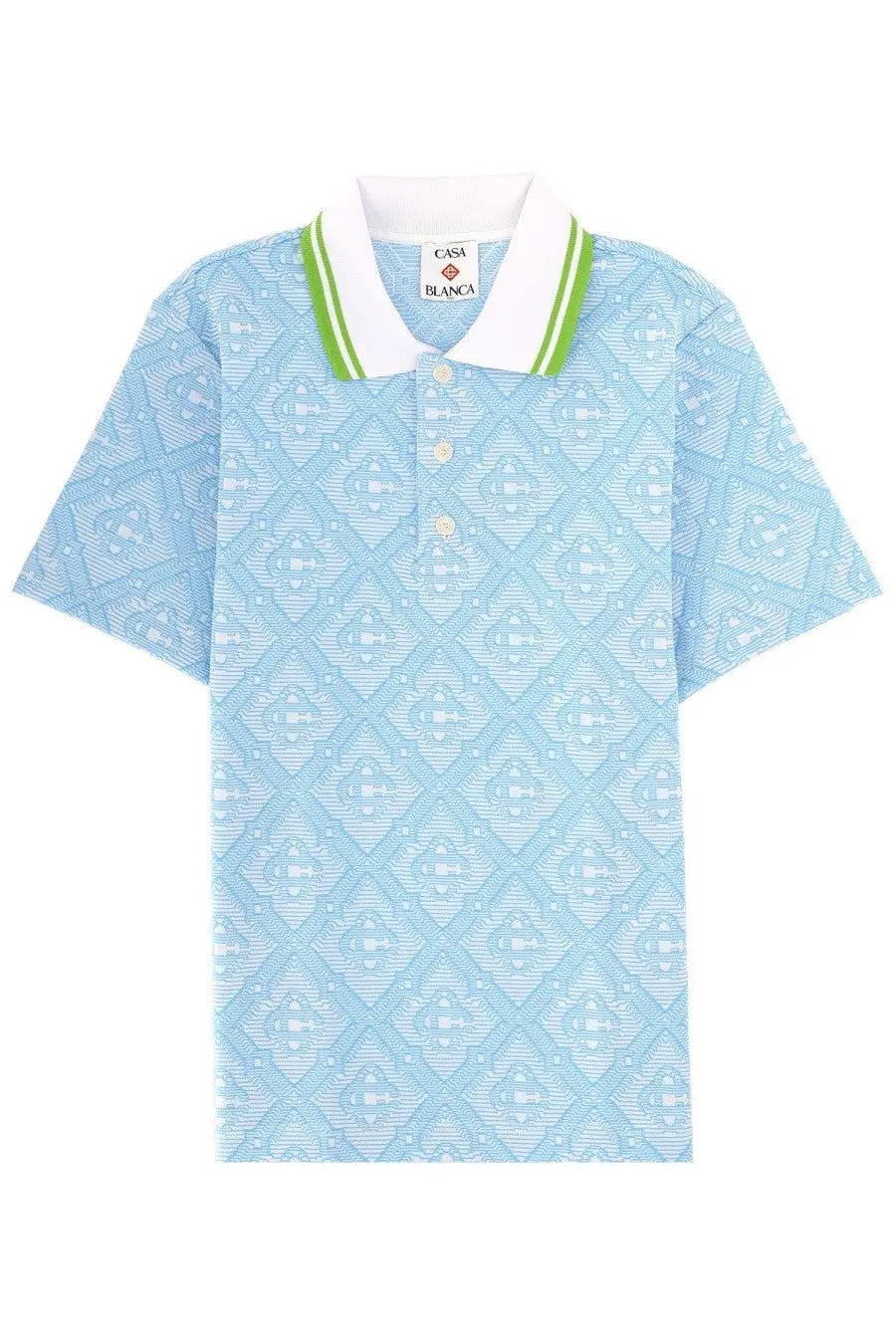 Casablanca men’s cotton polo shirt blue with light blue geometric pattern white collar green stripes and cream buttons