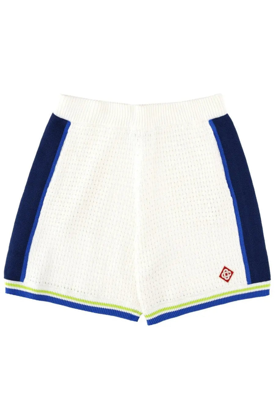Casablanca men’s crochet white knit shorts with navy blue side panels lime green trim ribbed waistband and hem
