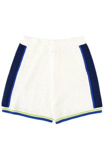 Casablanca men’s crochet shorts white featuring white knit fabric with navy blue side panels and lime green hem trim