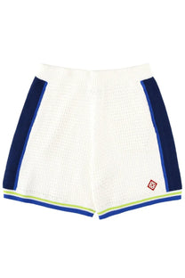 Casablanca men’s crochet shorts white with white knit fabric navy blue side panels and lime green trim ribbed waistband